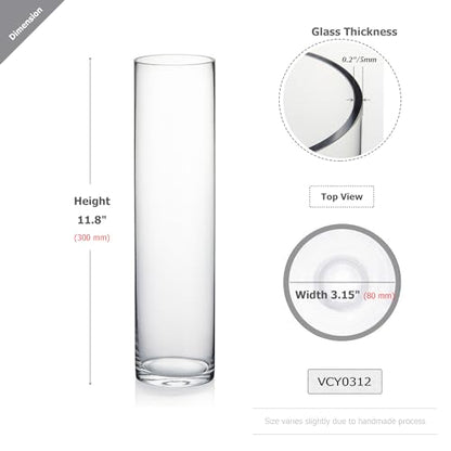 WGVI Quality Thick Weighted Clear Cylinder Glass Vases, 3" W x 12" H, Skinny Bud Vase Narrow Floral Bouquet Flower Arrangements Storage Container Candle Holders Decorative Accents, 1 Piece - size: 3"x12"H