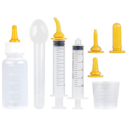 Feeding Syringe for Cats Dogs, Newborn Pet Feeding Kit - 50cc Bottle, 30ml Measuring Cup, 10ml Spoon, Interchangeable Nipple Syringe, 3 Nipple Sizes