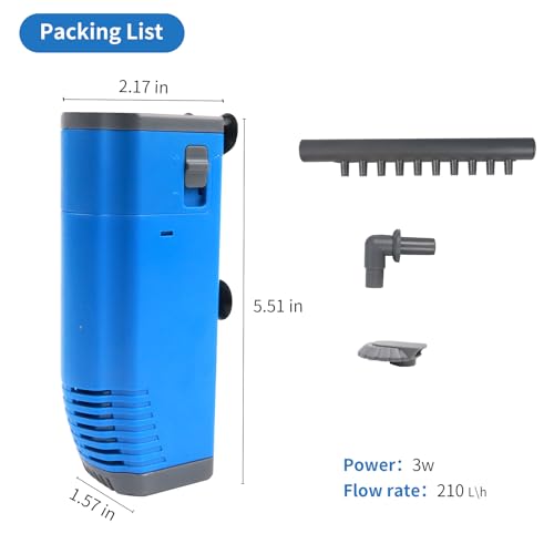Aquarium Internal Filter, Submersible Power Fish Tank Filters with Wave-Maker Submersible Water Pump Turtle Filter 5-20 Gallon, 55 GPH, 3W