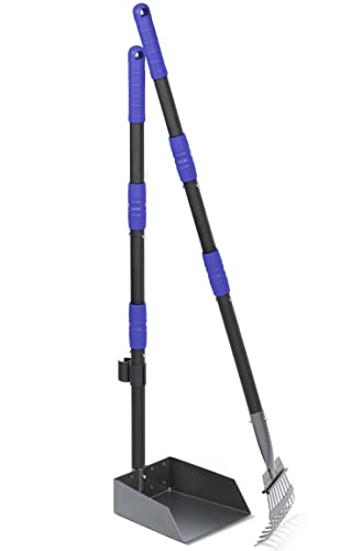 Dog Pooper Scooper, Dog Poop Tray and Rake Set with Long Stainless Handles | Pet Waste Removal Scoop with Adjustable Sectional Handles - color: Black/Blue