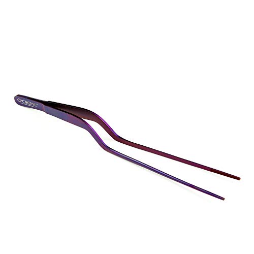 O'Creme Offset Tweezer Tongs Stainless Steel Kitchen Precision 8 Inch | Purple-handled culinary tweezers ideal for plating, garnishing, and delicate food presentation tasks. - color: Purple, size: 8" Offset