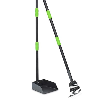 Pooper Scooper for Dogs, Metal Poop Scooper Tray and Rake Set with Adjustable Long Handle, Dog Pooper Scooper for Pet Waste Removal - color: Black & Green