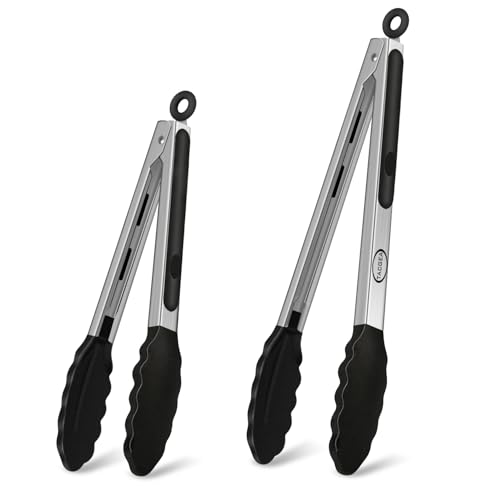 Stainless Steel Kitchen Tongs with Silicone Tips, Locking Grilling Food Tongs, 9" and 12", Set of 2 Black - color: 2pack Black