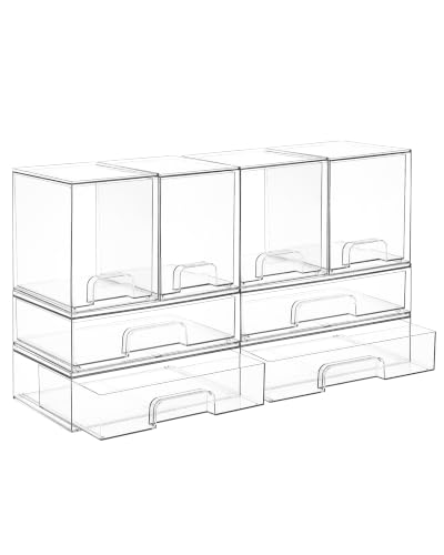 Vtopmart 8 Pack Stackable Storage Drawers Set, Clear Plastic Organizer Bins for Baby Bottle, Beauty Supplies Storage, Ideal for Kichen Countertop, Vanity, Bathroom, Cabinet, Pantry Organization - style: 4 High+4 Wide