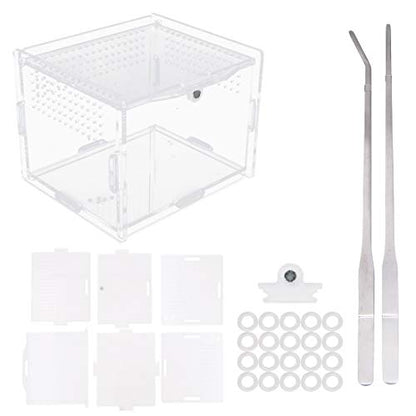 Flyan Acrylic Reptile Feeding Box 3.9x3.15x2.75 inch Transparent Glass Breeding Box Terrarium with 2 Pcs Straight and Curved Tweezers for Pet Insect Spider Crickets Snails Hermit Crabs Lizard