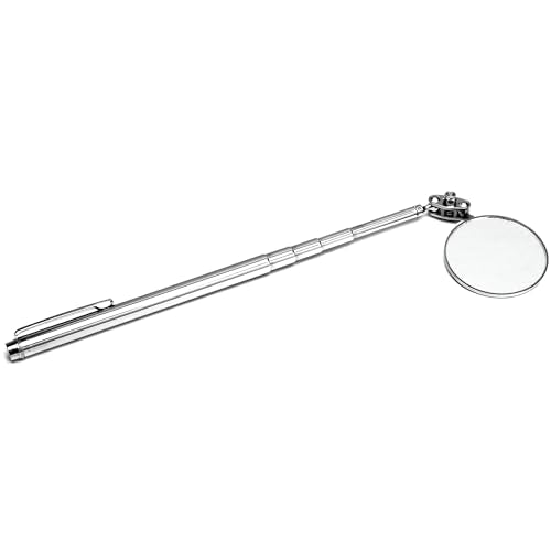 Performance Tool W9103 1-1/8 in. Round Telescoping Inspection Mirror | Automotive mechanics inspection tool. Extends from 6.5 to 18.5 inches. Double ball joint swivel. Pocket clip - size: 1.1"L x 5.1"W