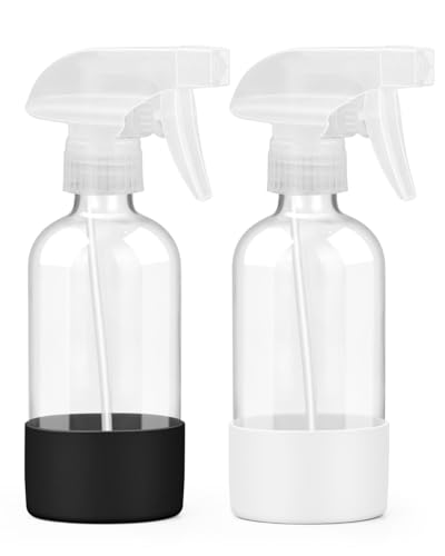 Worldgsb 2 Pack Glass Spray Bottles 8 oz, Empty Refillable Containers with Silicone Sleeve Protection, Glass Spray Bottles for Cleaning Solutions, Hair and Plants with Adjustable Nozzles Black&White - color: Black&White, size: 2 Pack