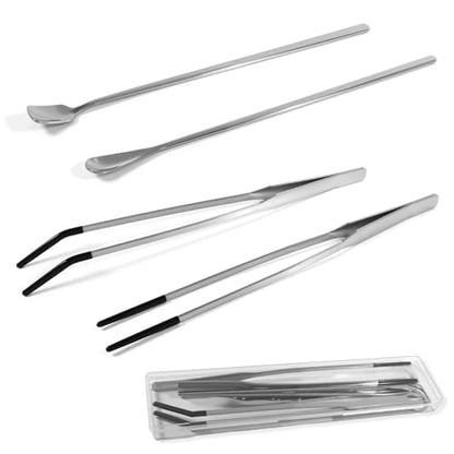 4 Pcs Reptile Feeding Tools Set with Silicone Tips - Extra Long Straight&Curved Tongs, Spoons - Stainless Steel Terrarium Feeder Kit for Bearded Dragons, Lizards, Snake, Spiders, Aquarium