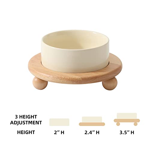 Havniva Raised Cat Bowl 5.1” Elevated Ceramic Cat Food and Water Bowl | Cat Bowls Elevated, Whisker Friendly Cat Bowl, Non-Slip Wood Stand, Food-Grade Ceramic, Wide Opening, Dishwasher Safe - color: Light Yellow, size: Bowl+Tray - 5.1"