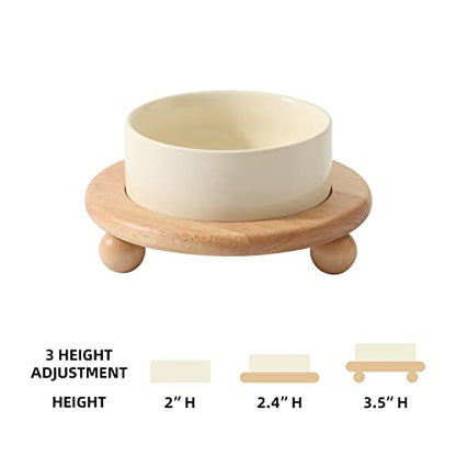 Havniva Raised Cat Bowl 5.1” Elevated Ceramic Cat Food and Water Bowl | Cat Bowls Elevated, Whisker Friendly Cat Bowl, Non-Slip Wood Stand, Food-Grade Ceramic, Wide Opening, Dishwasher Safe - color: Light Yellow, size: Bowl+Tray - 5.1"