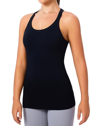 Women's Workout Tank Tops, with Built in Bra Racerback Sleeveless Camisole | Removable Pads, 1/2/3 Pack, A-D Cup, Hip Length, Low Support, Full Coverage, Camisole Sport Tanks, for Yoga Athletic Daily - color: Black 1 Pack, size: Small
