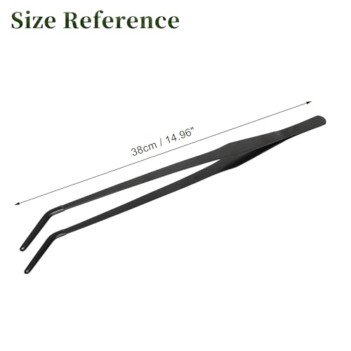 Reptile Feeding Tongs, Stainless Steel Lizard Feeding Tongs, Aquarium Curved Feeding Tweezers for Reptiles with Rubber Tip, Terrarium Feeding Tongs for Gecko, 14.96" Length, Black - size: 14.96"