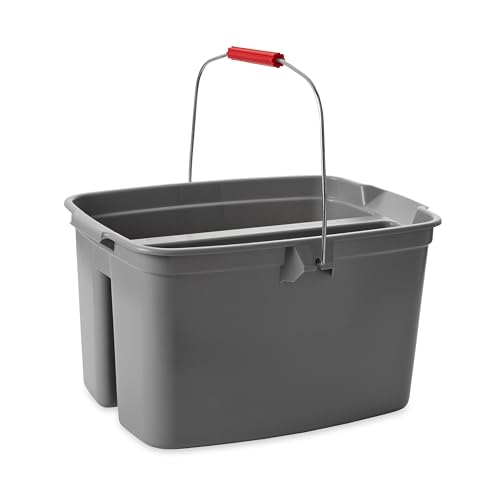 Rubbermaid Commercial Products Double Pail Plastic Bucket for Cleaning Easy to Carry 19 Quart Gray Cleaning Caddy Supplies Organizer with Handle for Bathroom/Kitchen