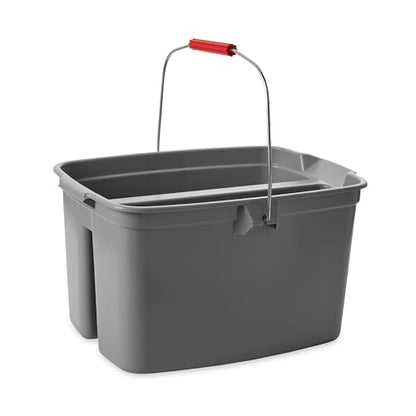 Rubbermaid Commercial Products Double Pail Plastic Bucket for Cleaning Easy to Carry 19 Quart Gray Cleaning Caddy Supplies Organizer with Handle for Bathroom/Kitchen