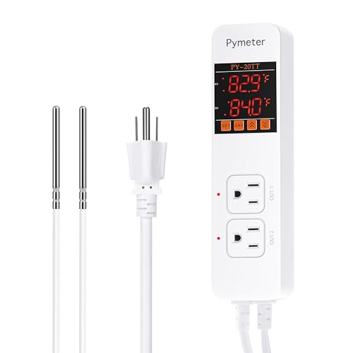 Digital Temperature Controller Dual Probe Reptile Thermostat Controlled Outlet for Terrarium Heat Mat Heating Pad, Switch Cooling Fan Freezer Fridge ON & Off at Setpoints 10A 1200W