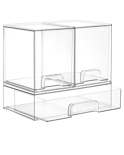 Vtopmart Stackable Storage Drawers Set of 3, Clear Plastic Organizer Bins for Bathroom Supplies, Ideal for Cabinet,Shelf, Pantry, Laundry Room Organization - style: 2 High+1 Wide
