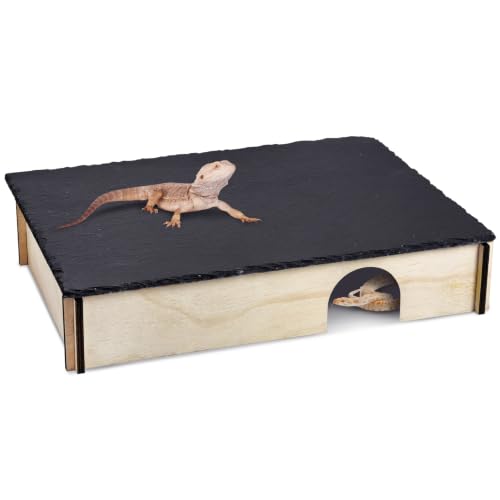 PINVNBY Large Bearded Dragon Basking Platform, Wooden Snake Hide, Ball Pythons Hide with Slate Rock, Leopard Gecko Tank Accessories for Crested Gecko Chameleon Turtles (XL: 15.7x9.84x2.76 inches) - size: XL: 15.7x9.84x2.76 inches