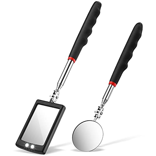 Frienda 2 Pcs LED Telescoping Inspection Mirror, Flexible Round Mirror Tool | Extendable Handle, Lighted Mirror Head, Flexible Neck, Auto Mechanic, Hard-to-Reach Area Inspection