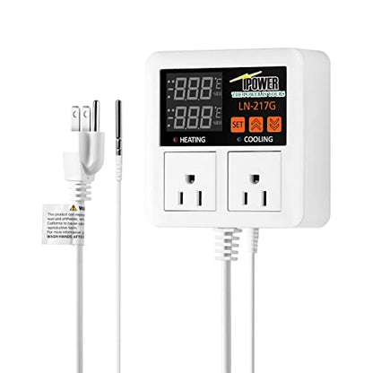 iPower Temperature Controller 1200W 10A Dual Digital Outlet Thermostat Plug, Pre-Wired, 2 Stage Heating and Cooling Mode, Fermentation BBQ Reptile Aquarium