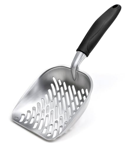 Cat Litter Scoop, Kitty Metal Scooper with Long Handle | Heavy Duty Aluminum Deep Sifter, Rustproof Durable Kitten Poop Shovel for Travel & Small Litter Box - color: Black, size: Medium