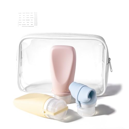 Silicone Travel Bottles for Toiletries, TSA Approved Size 3oz | Ultrasonic, Leak-Proof, Squeezable, Refillable, Sets with Labels, For toiletries, Silicone - color: Pink,Blue, Yellow