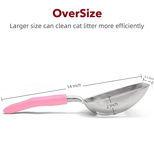 Cat Litter Scoop, Kitty Metal Scooper, Aluminum Alloy Sifter, Kitten Pooper Lifter, Deep Shovel, Long Handle, Poop Sifting, Durable, Heavy Duty, for Litter Box - color: Polished Aluminum-Pink Handle, size: Large