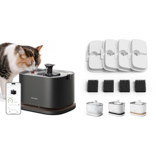Bundle of PETLIBRO Cat Water Fountain Stainless Steel Tray, Cordless Cat Fountain Battery Operated, 3L/101oz Pet Water Fountain App Monitoring + PETLIBRO 4 Packs Replacement Filters - color: Black, size: Fountain+4 Filters