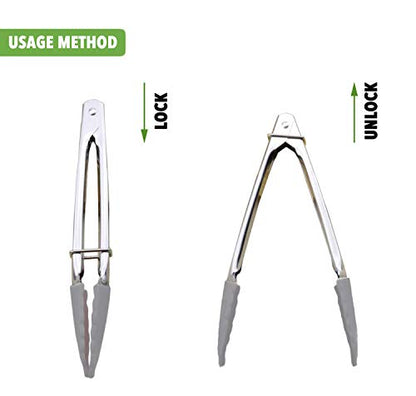 HINMAY 7 Inch Silicone Utility Tong Kitchen Tongs, Set of 3 (Gray) | 7 Inch Metal Salad Tongs - color: Gray