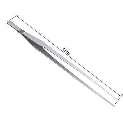 OIIKI Stainless Steel Polished Extra-Long 15 inch Tongs Tweezers, Silver | Long Tweezers with Precision Serrated Tips for Garden, Kitchen, Indoor & Outdoor - size: 15 inch Straight (1 PCS)