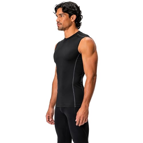 DEVOPS 3 Pack Men's Compression Shirts Sleeveless Tank Top Baselayer | Gym Training, Running, Moisture Wicking, Compression Fit, 4-Way Stretch, UPF 50+, Sleeveless - color: 1# (3 Pack) Black / Black(gray) / Black(red), size: Small