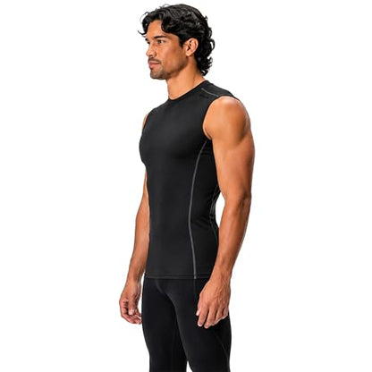 DEVOPS 3 Pack Men's Compression Shirts Sleeveless Tank Top Baselayer | Gym Training, Running, Moisture Wicking, Compression Fit, 4-Way Stretch, UPF 50+, Sleeveless - color: 1# (3 Pack) Black / Black(gray) / Black(red), size: X-Large