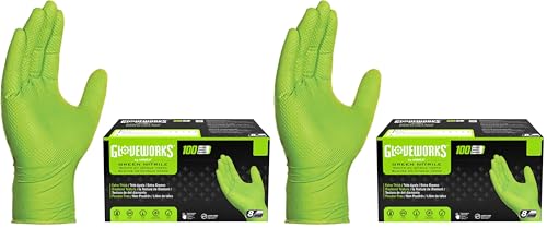 GLOVEWORKS Green Nitrile Gloves 8 Mil Heavy Duty Texture Chemical Resistant | Mechanic and Cleaning Gloves, Suitable for Heavy Duty Industrial Use, Chemical Resistant, HIgh-Visibility Color, Bulk Options - size: Large, style: Box of 100