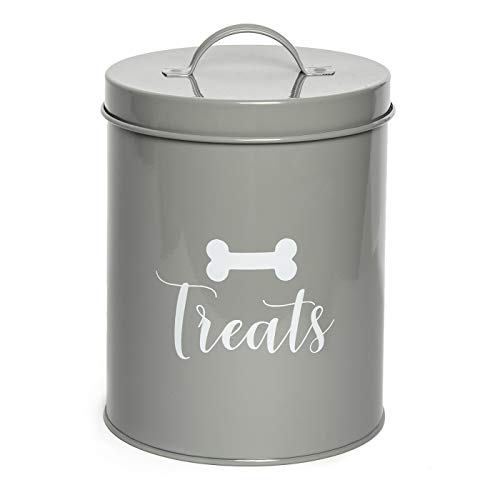 Metal Pet Treat Jar with Airtight Lid for Dogs, Cats, Puppies and More, Chic Kitchen Countertop Container for Cookies, Biscuits and Treats (Jasper, Grey, 1.4 Qt) - color: Jasper (Grey)