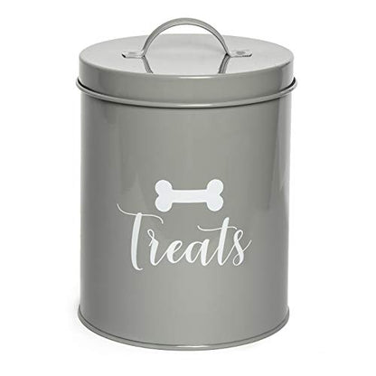 Metal Pet Treat Jar with Airtight Lid for Dogs, Cats, Puppies and More, Chic Kitchen Countertop Container for Cookies, Biscuits and Treats (Jasper, Grey, 1.4 Qt) - color: Jasper (Grey)