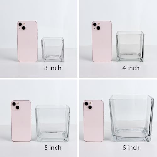 6 Pack Square Glass Vases 3" x3" x 3", Clear Flower Vases | Candle Holder for Centerpieces, Wedding Party Home Decor - size: 3inch