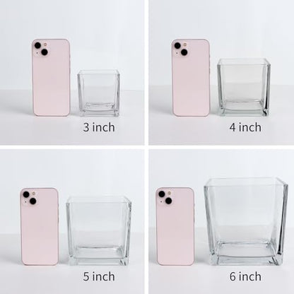 6 Pack Square Glass Vases 3" x3" x 3", Clear Flower Vases | Candle Holder for Centerpieces, Wedding Party Home Decor - size: 3inch