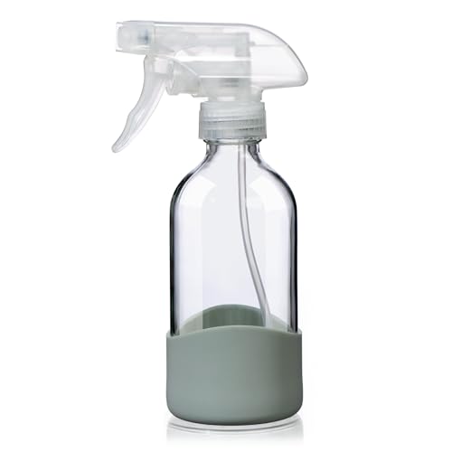 8oz Clear Glass Spray Bottles with Silicone Sleeve for Cleaning Solutions | Refillable for Cleaning Solutions,Hair,Plants&Essential Oils–Leakproof,Adjustable Nozzle,Reusable,Eco-Friendly (1 Pack)