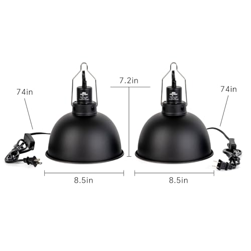 2 Pack Reptile Light Fixture, 8.5in Deep Dome Reptile Lamp Fixture, Optical Reflection Cover, Separate Switch & Hook, Terrarium Light Fixture for Reptile Heat Basking UVB Bulbs, 150W, Black - size: 8.5in