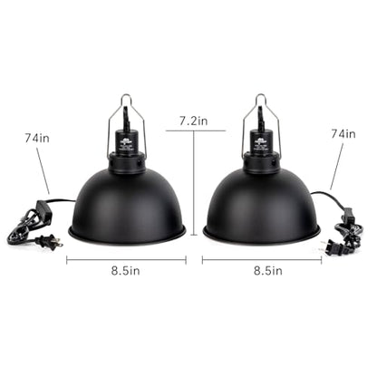 2 Pack Reptile Light Fixture, 8.5in Deep Dome Reptile Lamp Fixture, Optical Reflection Cover, Separate Switch & Hook, Terrarium Light Fixture for Reptile Heat Basking UVB Bulbs, 150W, Black - size: 8.5in