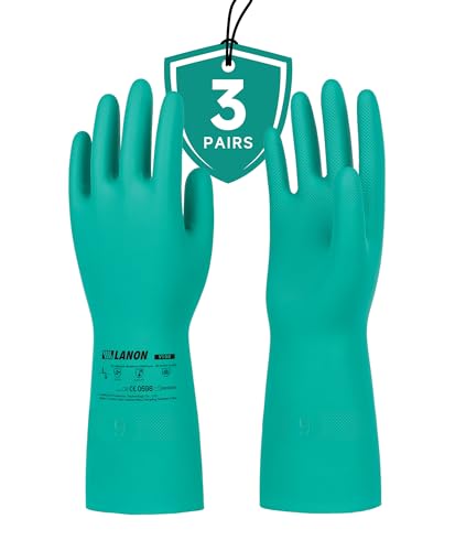 LANON 3 Pairs Nitrile Chemical Resistant Gloves,Flocked Liner,Green,XXLarge | Heavy-Duty,Cleaning,Waterproof,Reusable,Comfortable,Durable,Non-Slip,Industrial,Acid,Solvent,Alkali & Oil Protection - size: 2X-Large (Pack of 3)
