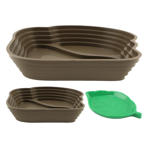 3 Pcs Aquatic & Terrestrial Reptiles Bathing Pool Set, Turtle Water Bowl | 2 Pcs Tortoise Water Dish in 2-Size with Ramps and Feeding Dish - color: Light Brown【2 x Water Dish,1 x Feeding Dish】