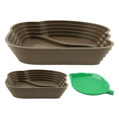3 Pcs Aquatic & Terrestrial Reptiles Bathing Pool Set, Turtle Water Bowl | 2 Pcs Tortoise Water Dish in 2-Size with Ramps and Feeding Dish - color: Light Brown【2 x Water Dish,1 x Feeding Dish】