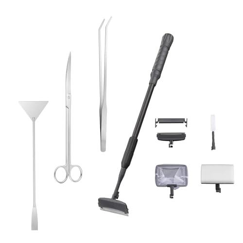 Carefree Fish 7IN1 Aquarium Cleaning Tools Long Handle Adjustable Length 18~24Inch Fish Tank Cleaner Kit Algae Scraper Scrubber Brushes Set Plant Scissor Long Tweezer - size: 18~24In