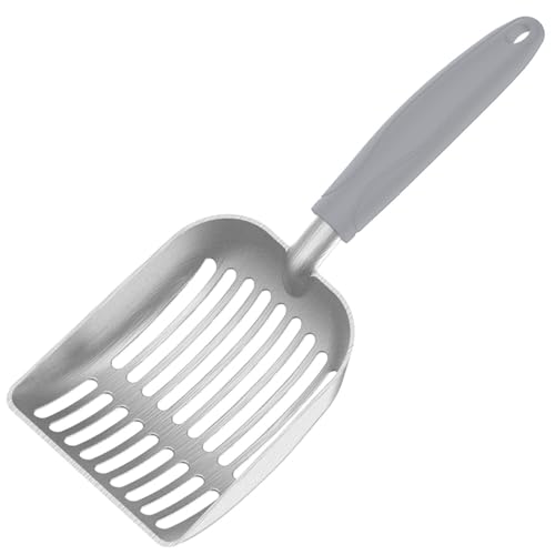 Cat Litter Scoop, Kitty Metal Scooper, Aluminum Alloy Sifter, Kitten Pooper Lifter, Deep Shovel, Long Handle, Poop Sifting, Durable, Heavy Duty, for Litter Box - color: Flat Aluminum-Grey Handle, size: Small