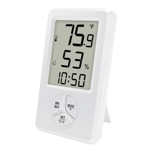 Urageuxy Digital Hygrometer Indoor Thermometer Humidity Meter with Temperature and Humidity Room Thermometer with Time Alarm Clock for Home, Bedroom, Baby Room, Office, Greenhouse, Cellar - style: No Backlight