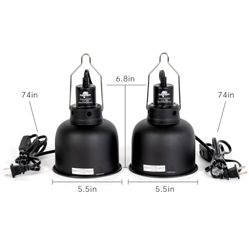 2 Pack Reptile Light Fixture, 5.5in Deep Dome Reptile Lamp Fixture, Optical Reflection Cover, Separate Switch & Hook, Terrarium Light Fixture for Reptile Heat Basking UVB Bulbs, 100W, Black - size: 5.5in