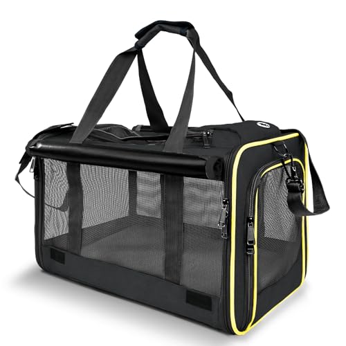 GAPZER Cat Carrier for Large Cats 20 lbs+ Soft Pet Kennel Bag for Small Dog | Privacy Protection Big Kitten Car Travel Cloth Carry Bag up to 20 lbs, Small Animal Portable Mesh Kennel Cage for Vet Visits - color: Black-Yellow
