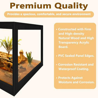 Bearded Dragon Tank 81 Gallon, 48 x 20 x 20 Inch Wooden Reptile Enclosure with Metal Mesh Top, Clear Acrylic Sliding Doors and Lock, Large Lizard and Snake Tank, Black - color: Black, size: 81 Gallons