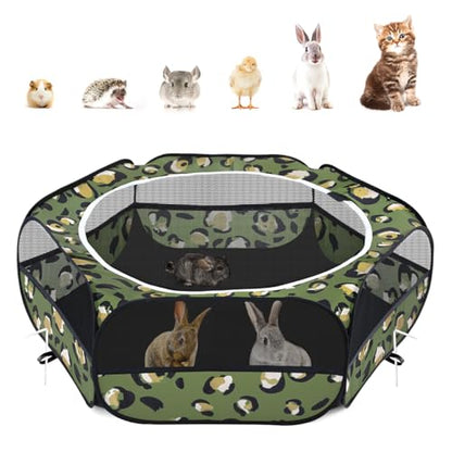 Pawaboo Small Animal Playpen with Zippered Cover, Leopard Print | Portable pop-up pet tent for supervised rabbits, guinea pigs, chicks and kittens; water-resistant bottom and 3 metal rods - color: T-Leopard Print