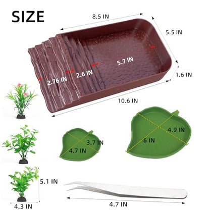 7 PCS Reptile Water Dish Bathing Pool Tortoise Habitat Accessories | plastic,water proof,multi-function,with climbing ramp food dishes reptile plants tweezer,for turtle gecko snake frog - color: Brown